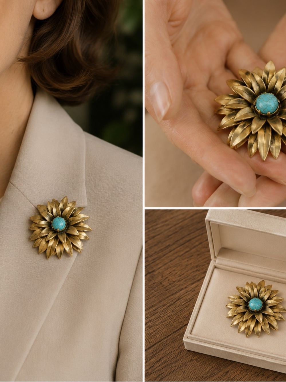 Austrian Made Gold Flower Brooch with Turquoise Center - Women Jewelry